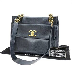 CHANEL CC Logo Chain Shoulder Bag Caviar Skin Leather Blue GHW Vintage 805RK331
